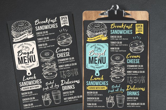 百吉饼三明治西式快餐食品菜单模板 Bagel Sandwich Menu插图(1)