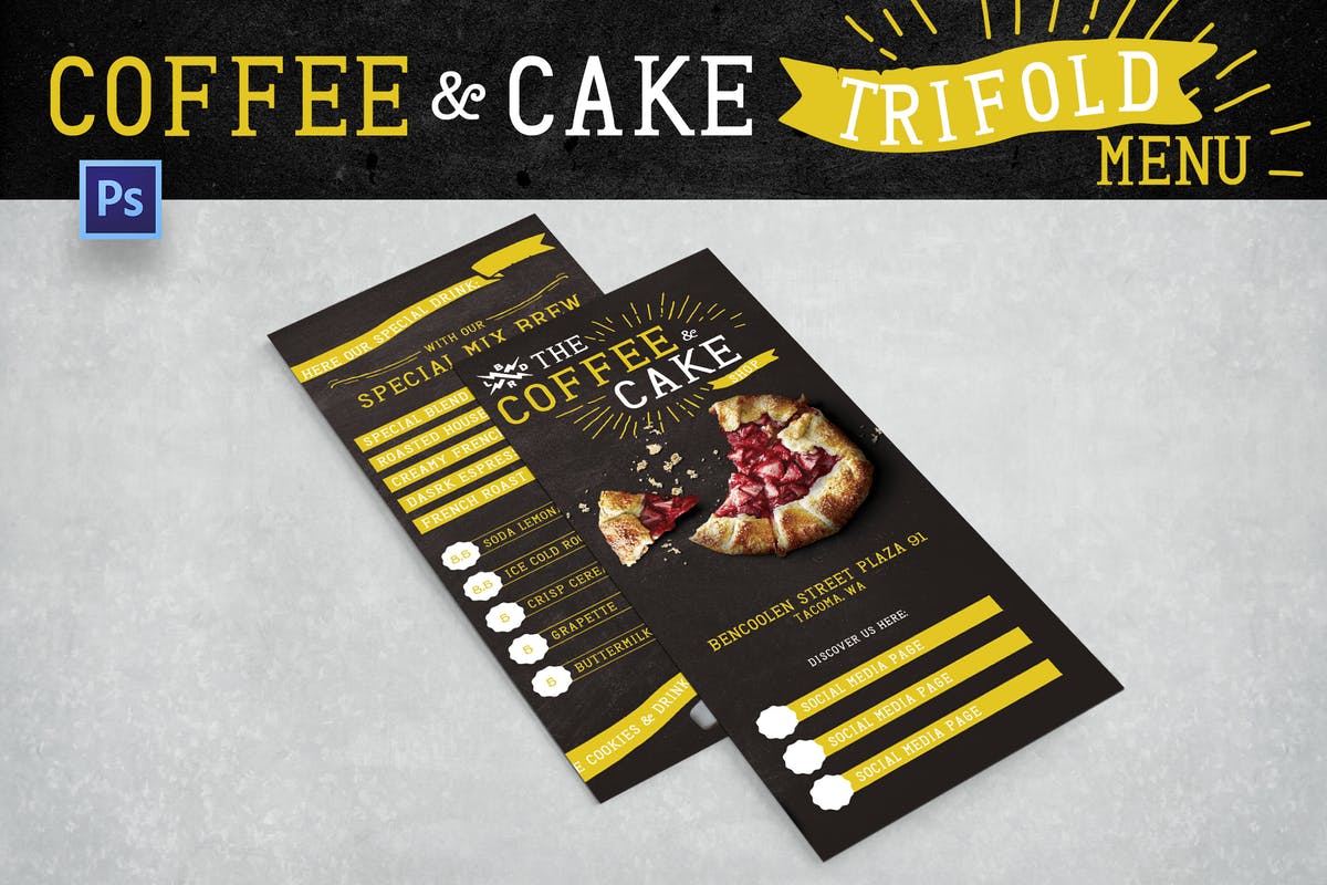 黑板报风格三折页咖啡店菜单设计模板 Blackboard Trifold Coffee Shop Menu插图