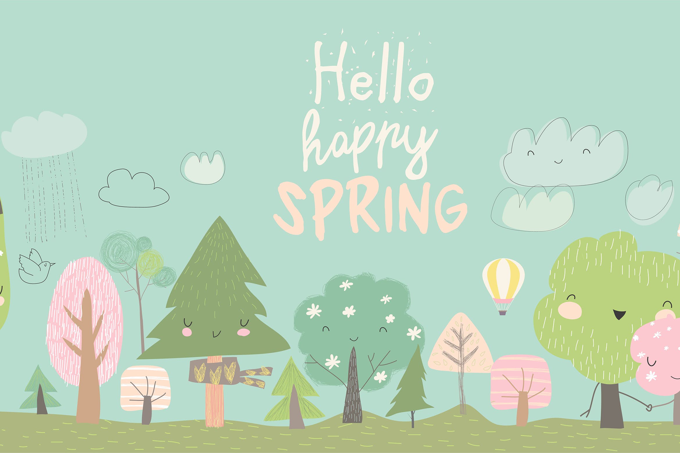 卡通风格森林简约手绘矢量图案素材 Cute spring trees. Cartoon spring tree on blue bac插图