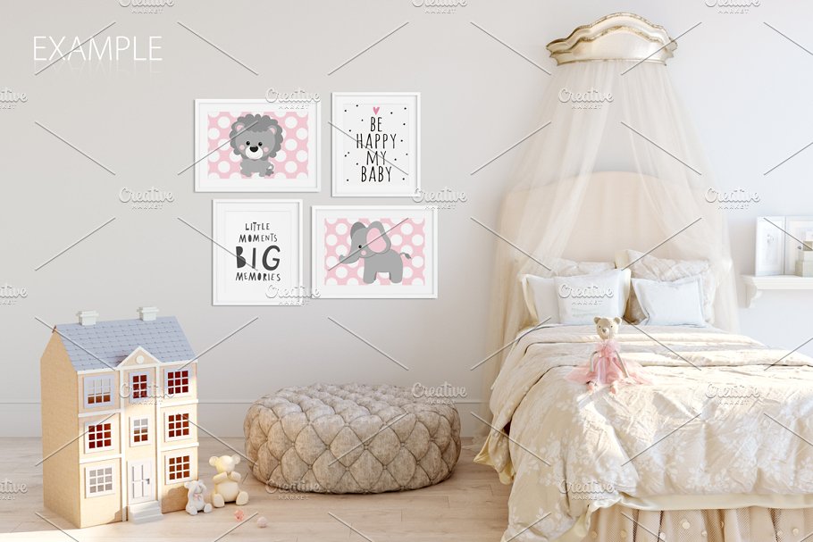 儿童主题室内墙纸设计展示和相框画框样机 Kids Interior Wall & Frames Mockup 1插图(10)