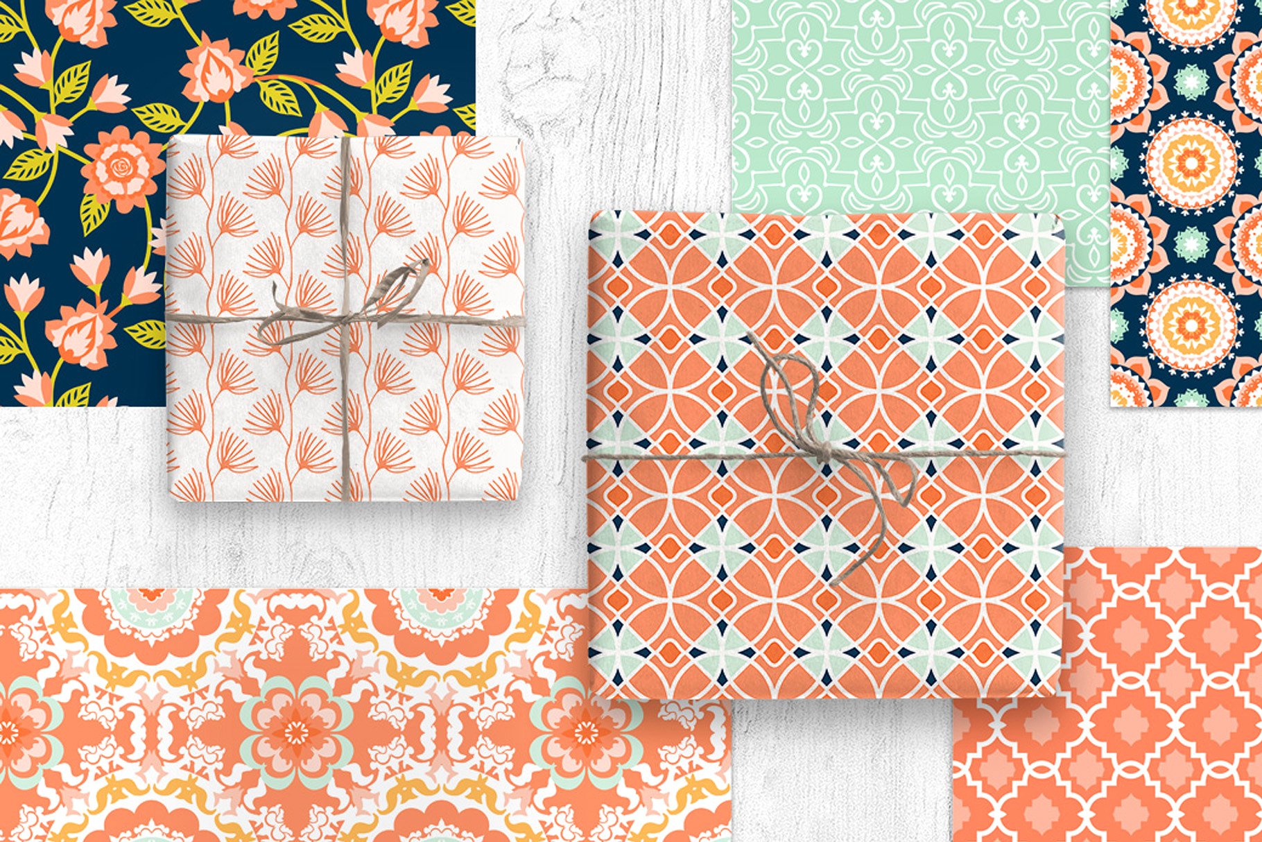 靛蓝与番木瓜色现代图案纹理 Indigo and Papaya Modern Patterns插图(2)