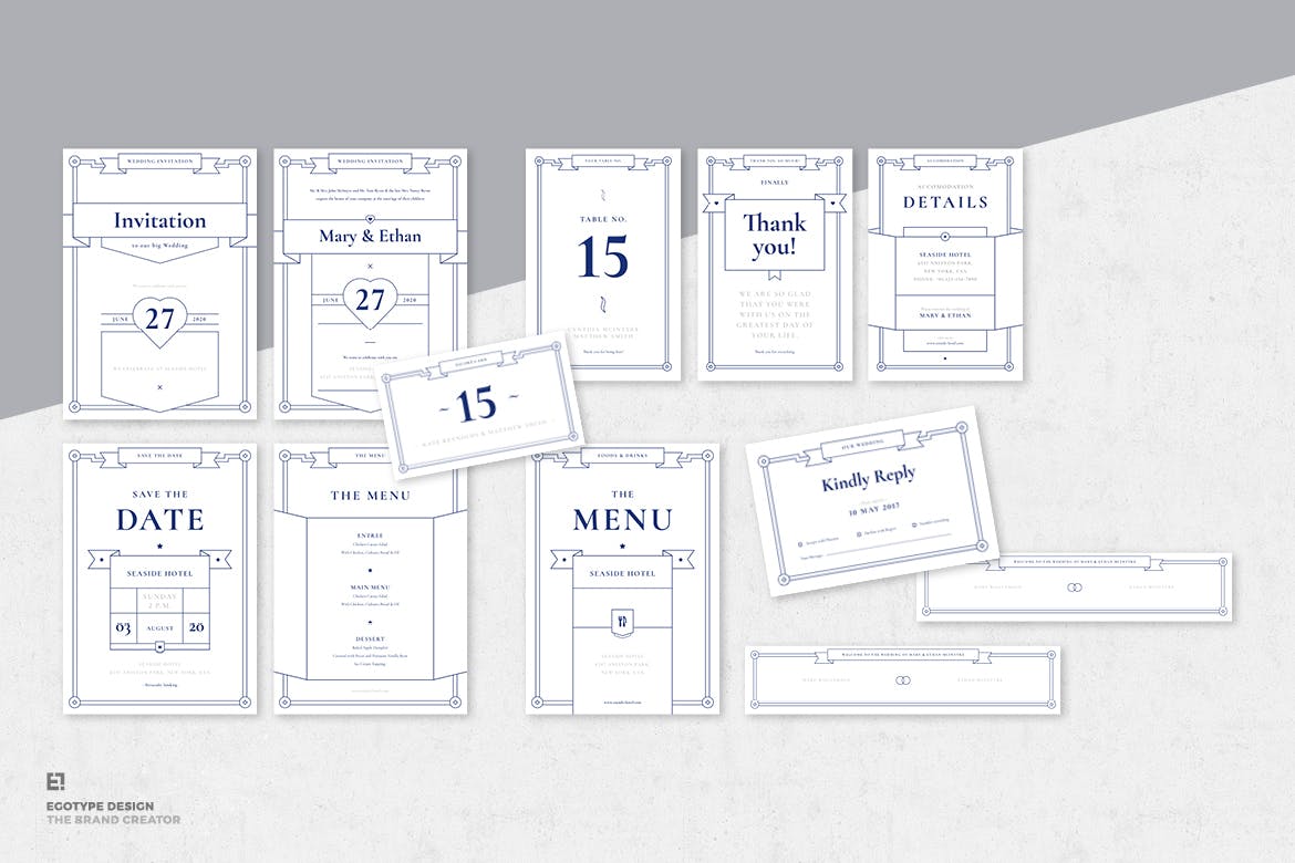 蓝色简约线条艺术风格婚礼邀请函设计套装 Wedding Invitation Suite插图(8)