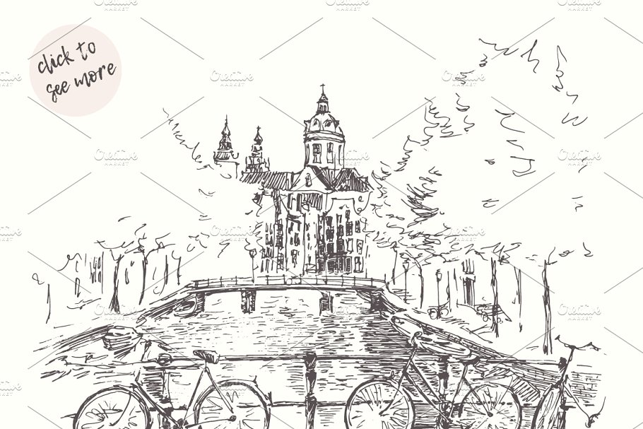 欧洲街景素描剪影 Streets of Europe with canals插图(1)