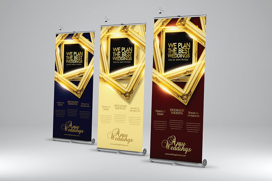 黄金风格婚礼会场X展架易拉宝广告模板 Wedding – Roll-Up Banner 1插图(3)