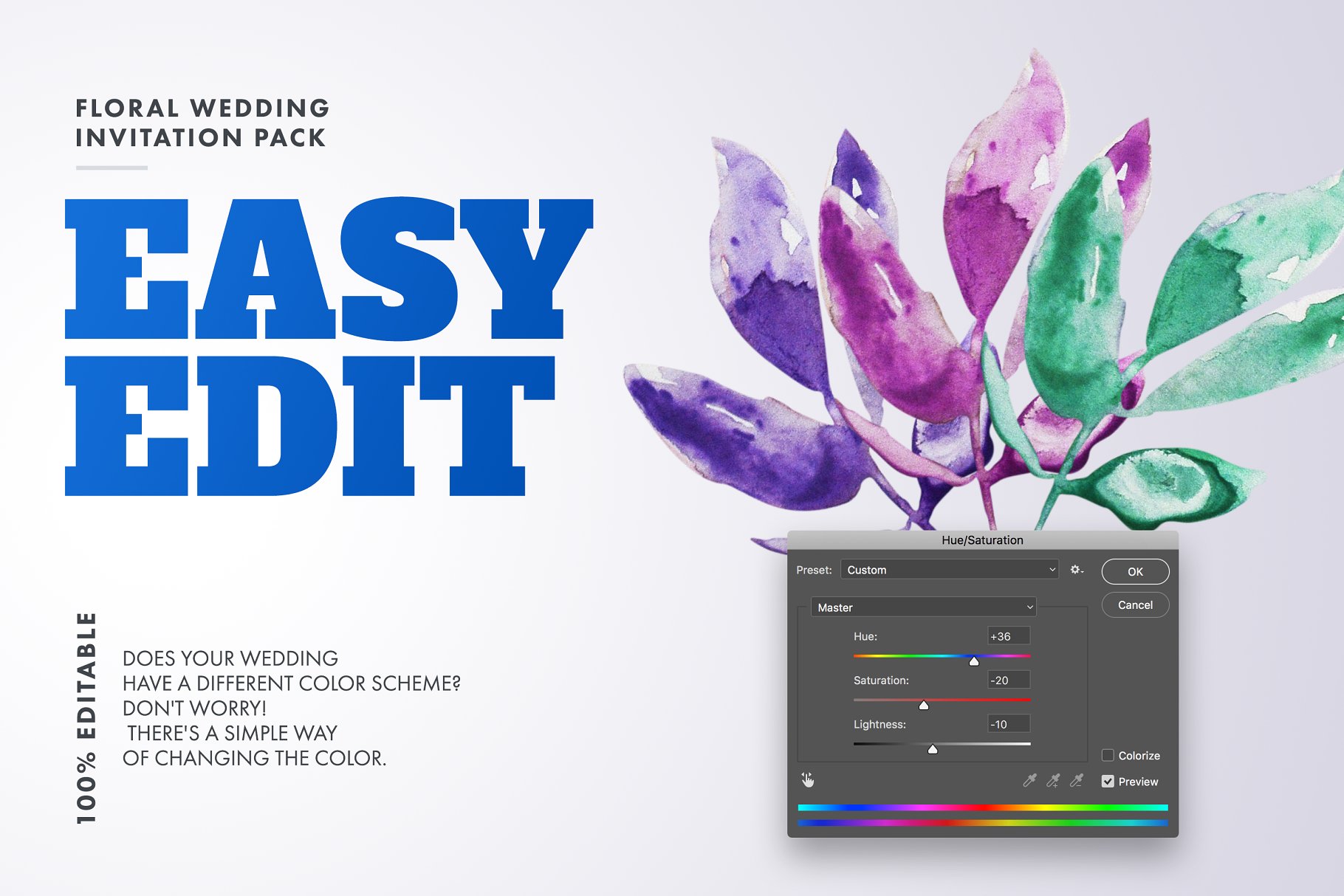 水彩花饰婚礼邀请物料模板 Floral Wedding Invitation Set Vol.2插图(2)