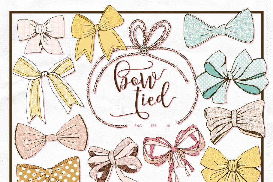 柔和色调系列手绘蝴蝶结丝带剪贴画 Tied Bow Clip Art Hand-Drawn Ribbon插图(2)