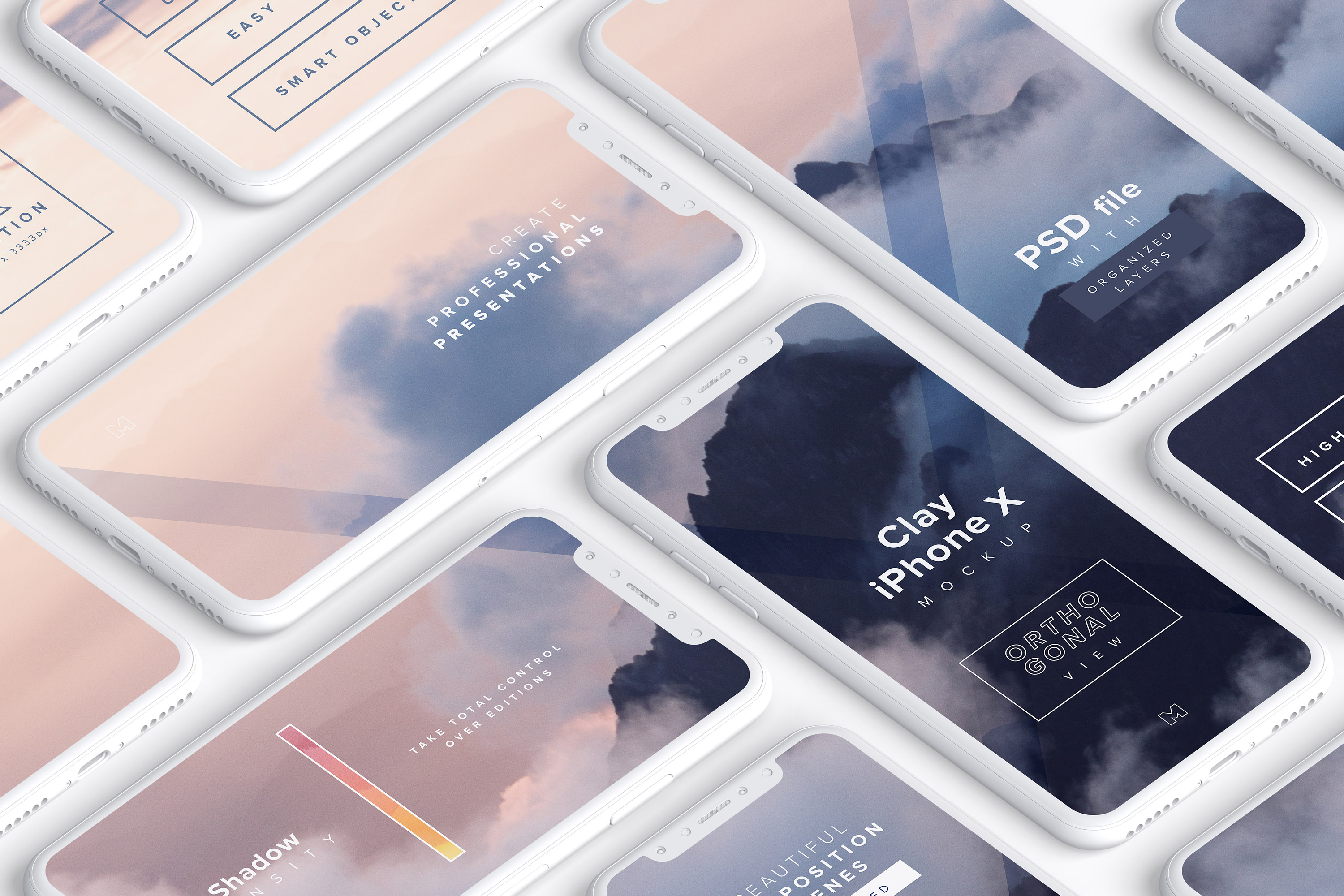 多个iPhone X智能手机屏幕等距平铺视觉样机模板 Clay iPhone X Mockup 02插图