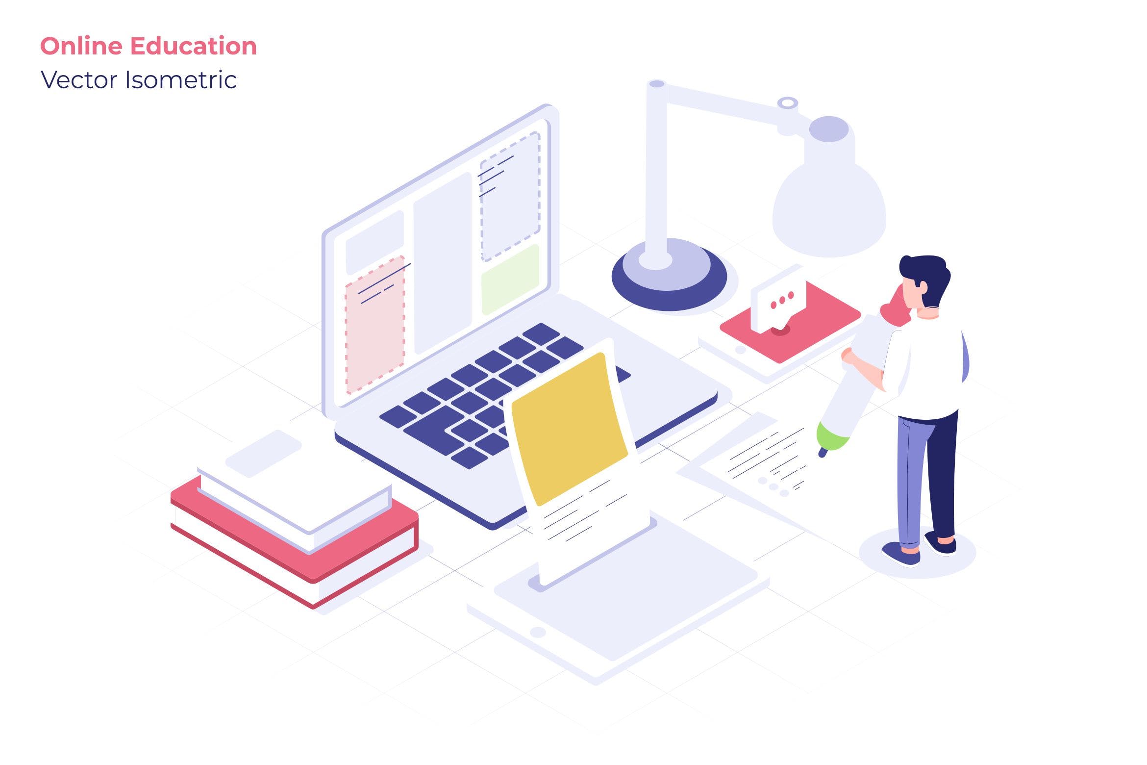 在线教育主题矢量等距素材库精选概念插画素材 Online Education – Vector Illustration插图