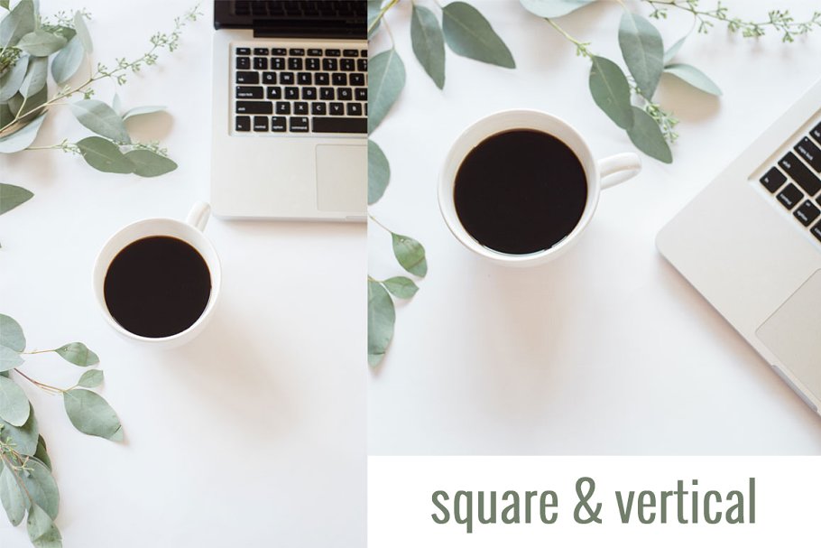 笔记本电脑，咖啡&桉叶场景样机 Coffee, Laptop  & Eucalyptus | Stock插图(1)