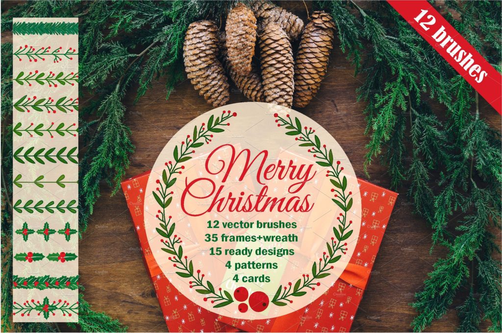 手绘无缝矢量圣诞花卉边框素材下载[eps]插图