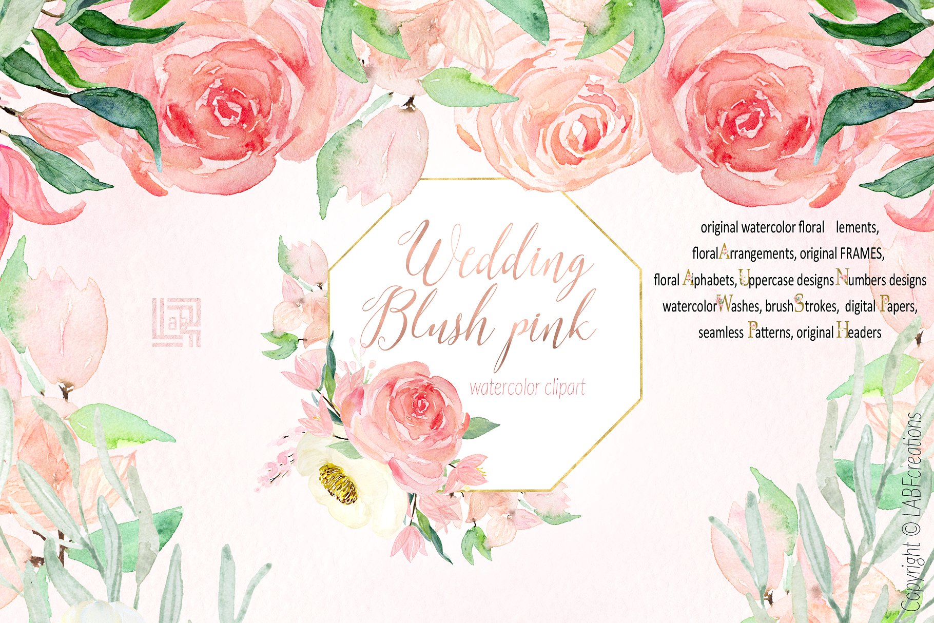 胭脂红水彩花卉元素，花环，花式字母… Blush pink bougainvillea插图(13)