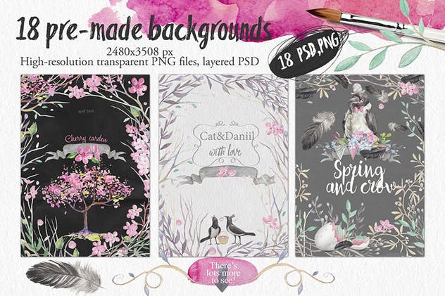 “春天与乌鸦”水彩插画元素合集 “Spring & crows” bundle插图(4)