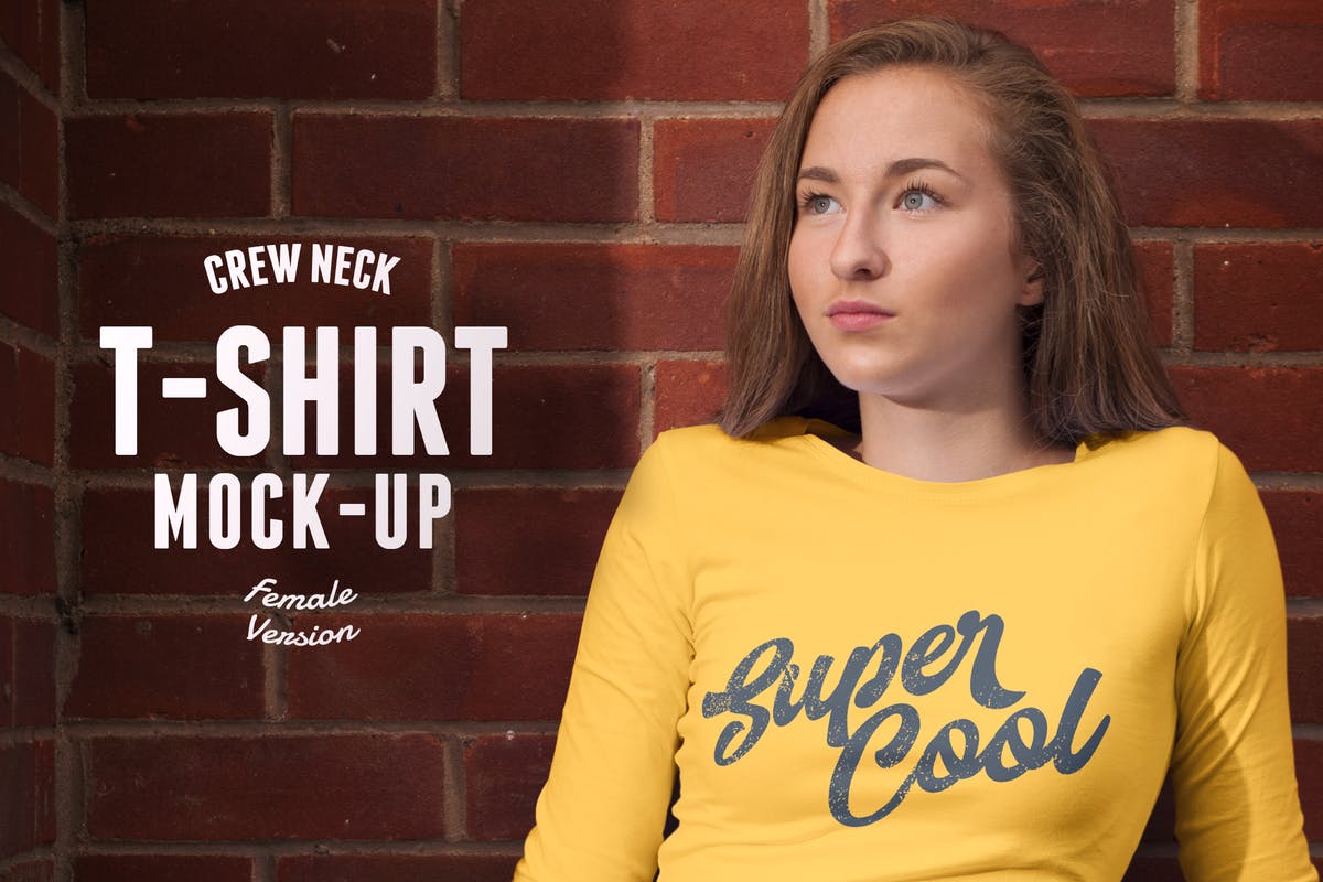 实景拍摄女款T恤模特上身效果样机模板 Crew Neck T-shirt Mock-up Female Version插图