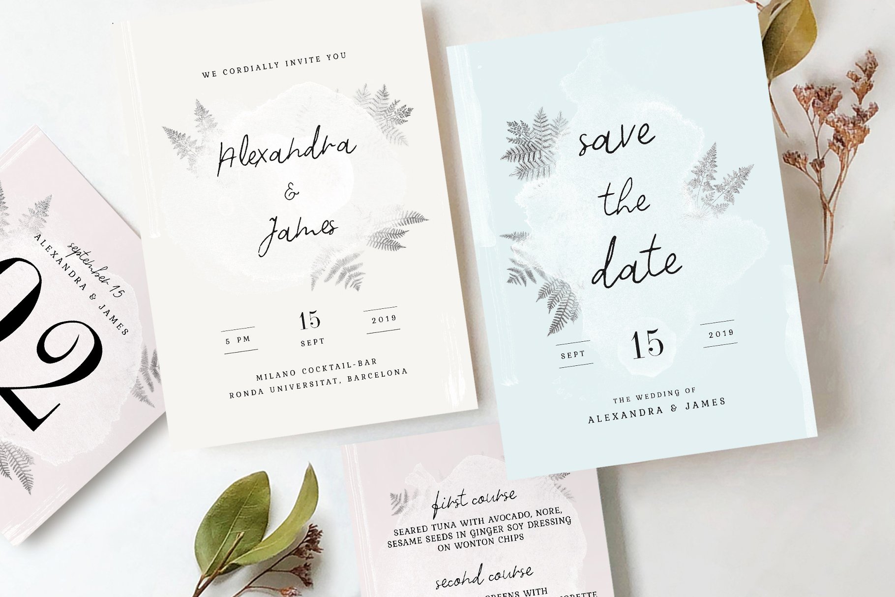 水彩画风格婚礼设计物料模板 Watercolor Sprigs Wedding Suite插图(1)