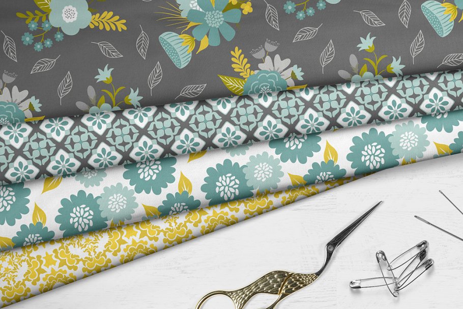 芥末色&灰色纹理 Teal Mustard & Grey Patterns插图(1)