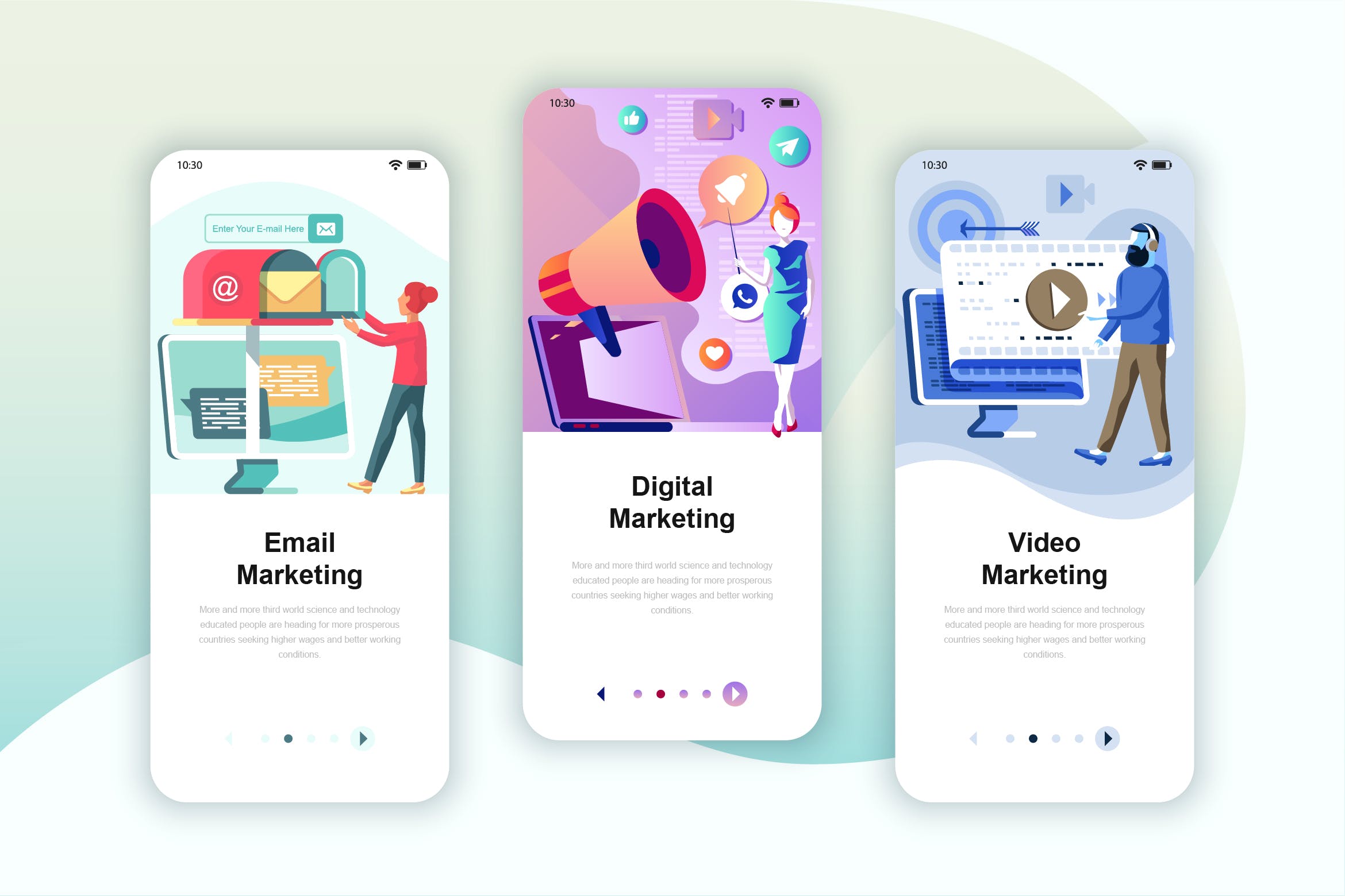 视频/电子邮件/数字营销主题素材库精选概念插画APP引导页模板 Instagram Stories Onboarding Screens Mobile App插图