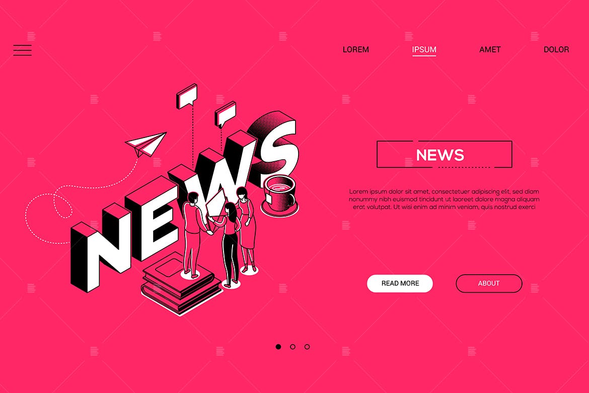新闻创作线条艺术设计风格网站Banner设计插画素材 News creation isometric web banner插图