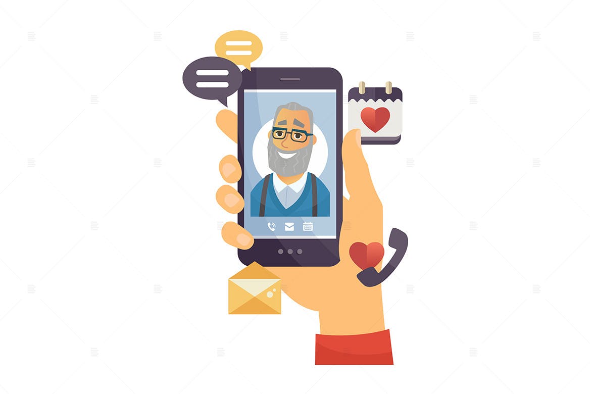 手机来电视频通话彩色矢量插画素材库精选 Grandfather calling – colorful illustration插图