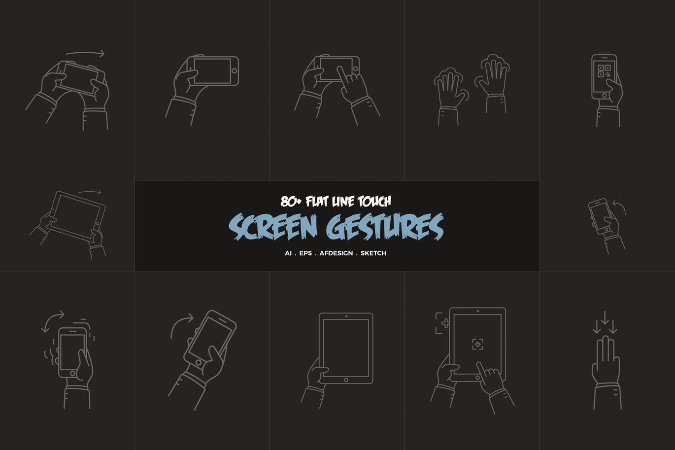 扁平线条设计风格触摸屏手势指示图 Flat Line Touch Screen Gestures插图