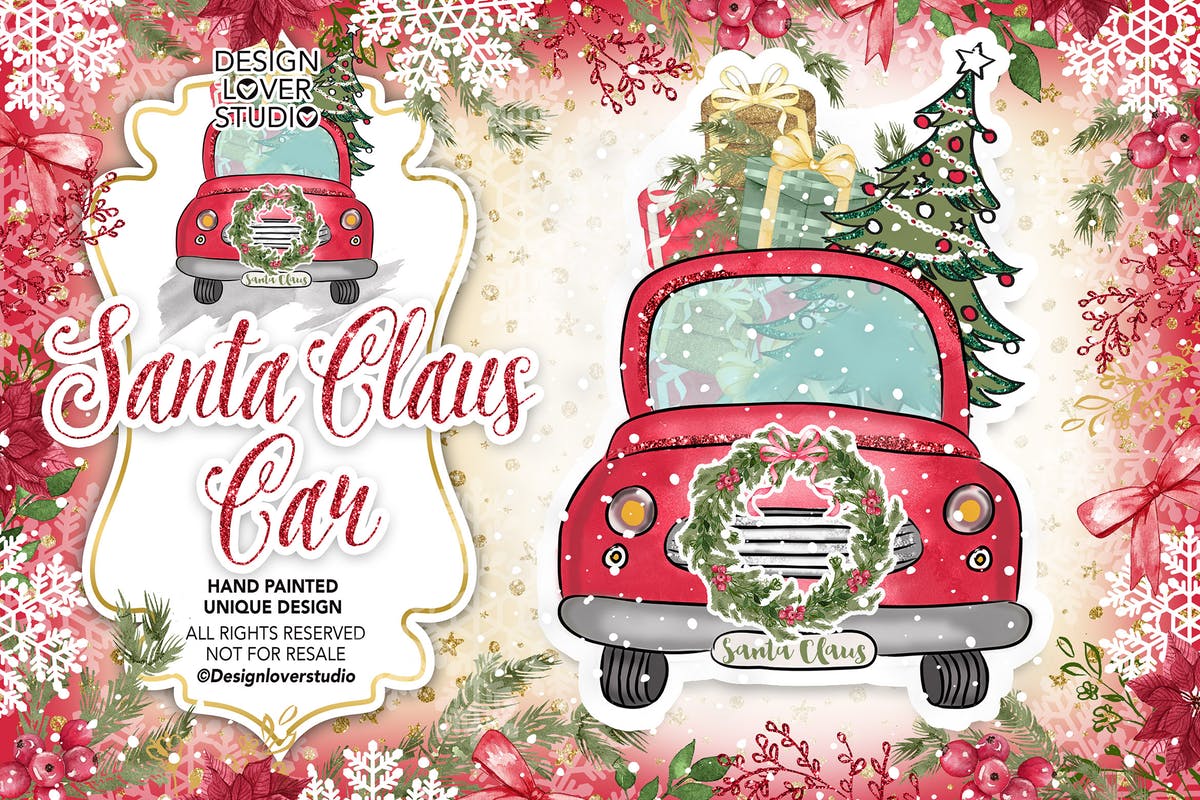 圣诞老人礼物小车矢量插画 Santa Claus Car design插图