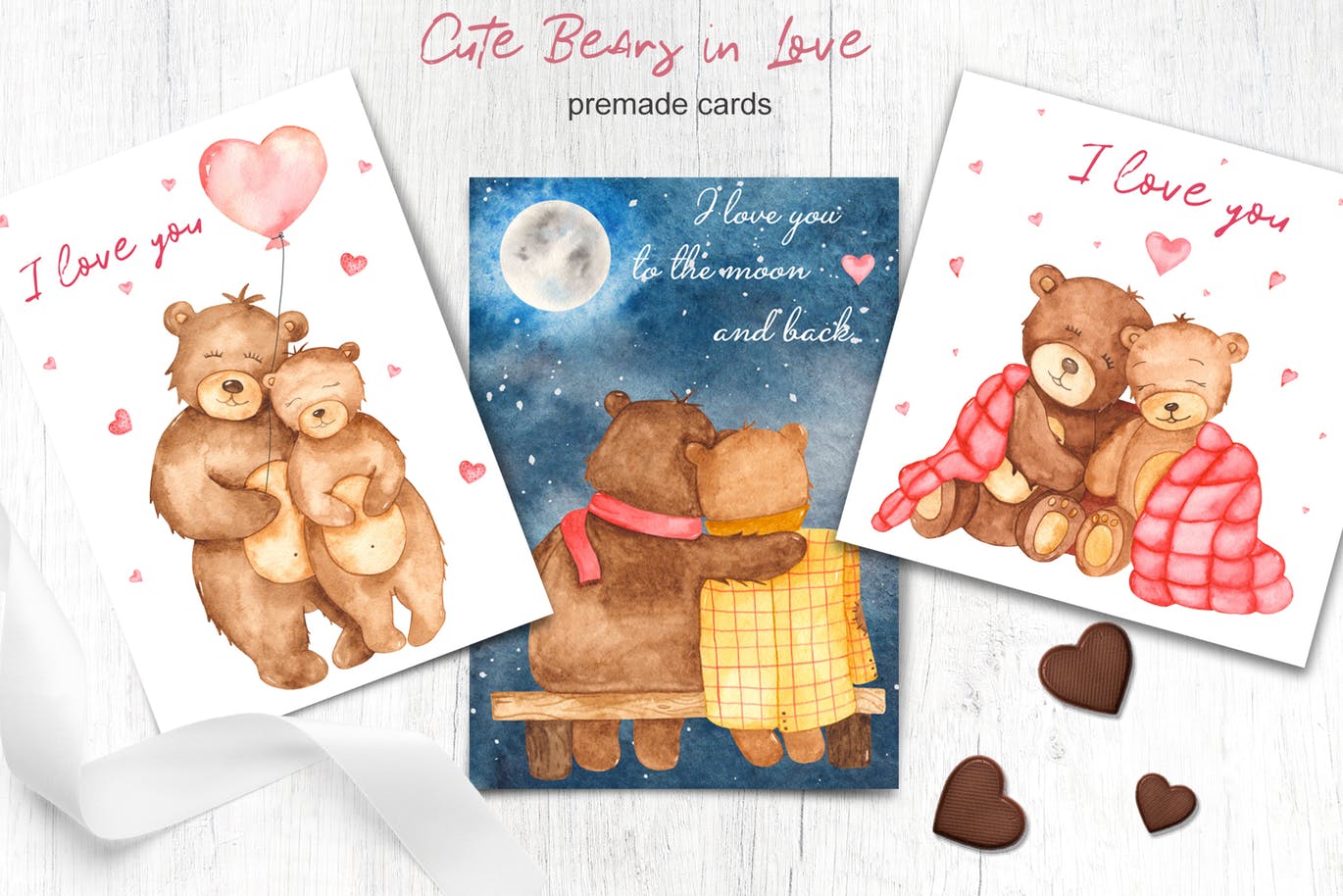 水彩可爱熊手绘图案剪贴画&卡片素材 Watercolor cute bears in love. Clipart and cards插图(3)
