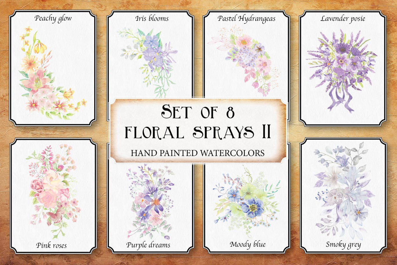 水彩花卉手绘图案剪贴画PNG素材 II Set of 8 Watercolor Clip Art Sprays II插图