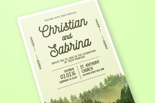水彩绿色森林主题婚礼邀请函设计模板 Watercolor Forest Wedding Invitation插图(2)