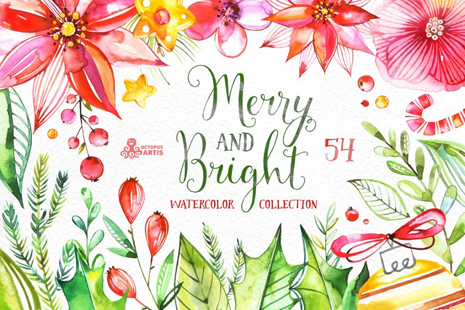 欢快明亮水彩花卉插画 Merry And Bright. Watercolor插图