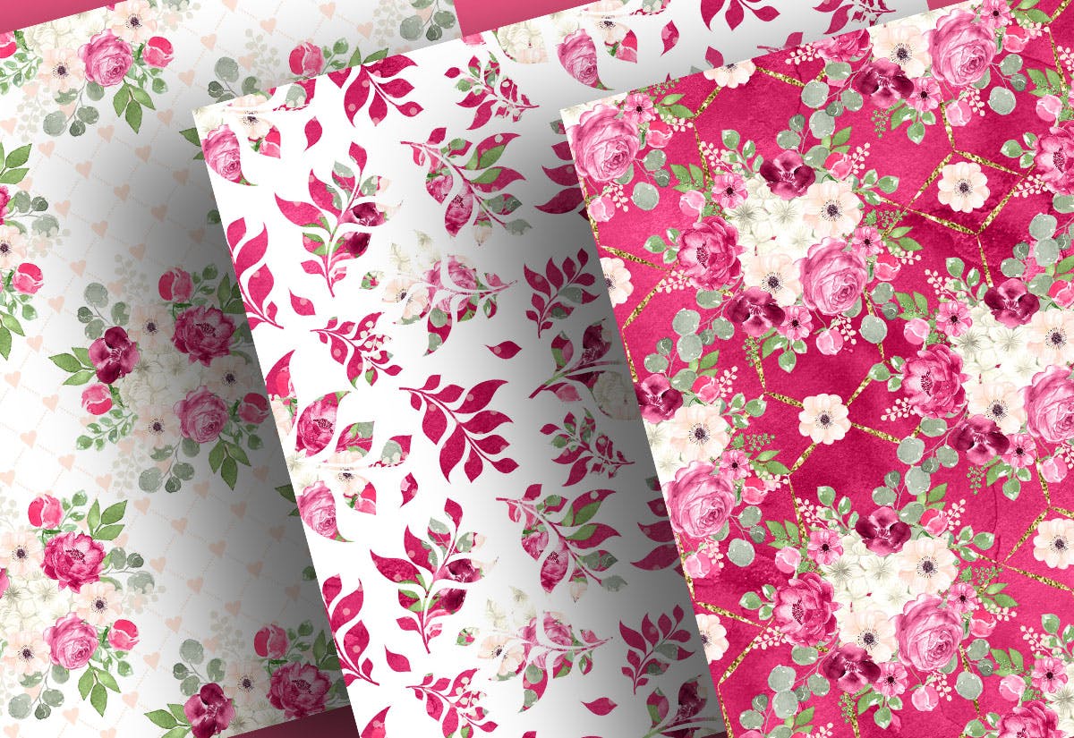 紫红色&绿色水彩手绘图案数码纸张设计素材 Watercolor Fuchsia And Green digital paper pack插图(3)