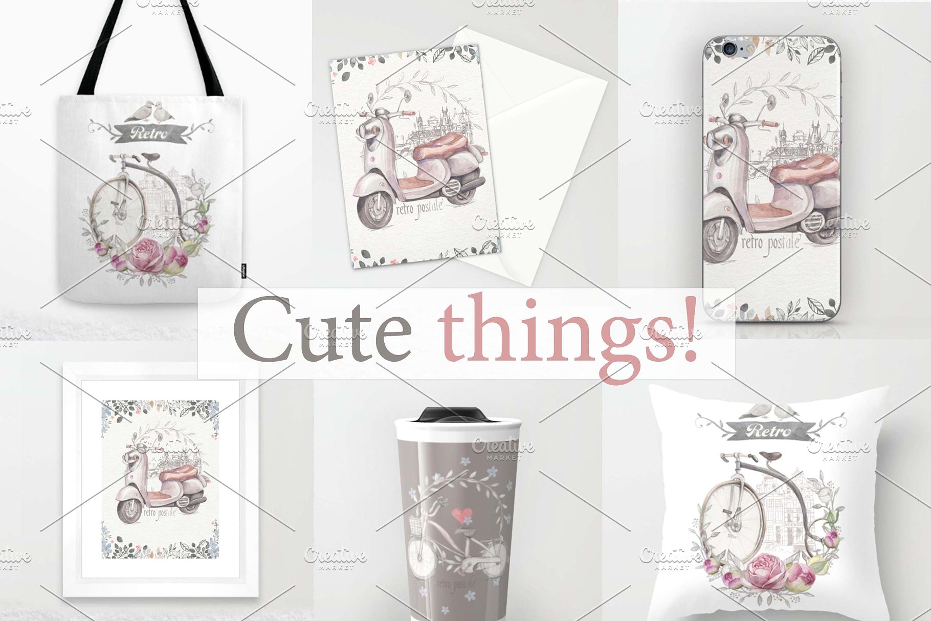 优雅文艺风自行车与玫瑰手绘插画元素 Bicycles and roses插图(5)