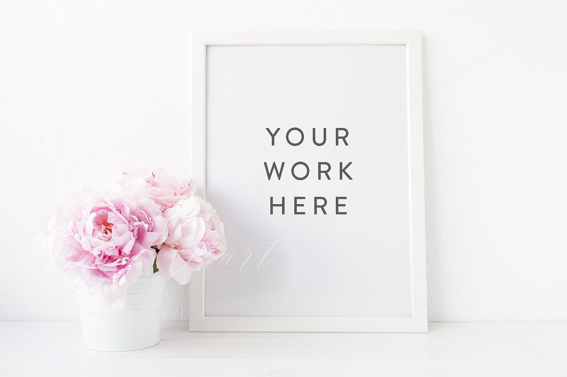 牡丹花陪衬白色相框画框样机 Peonies styled frame mock up插图