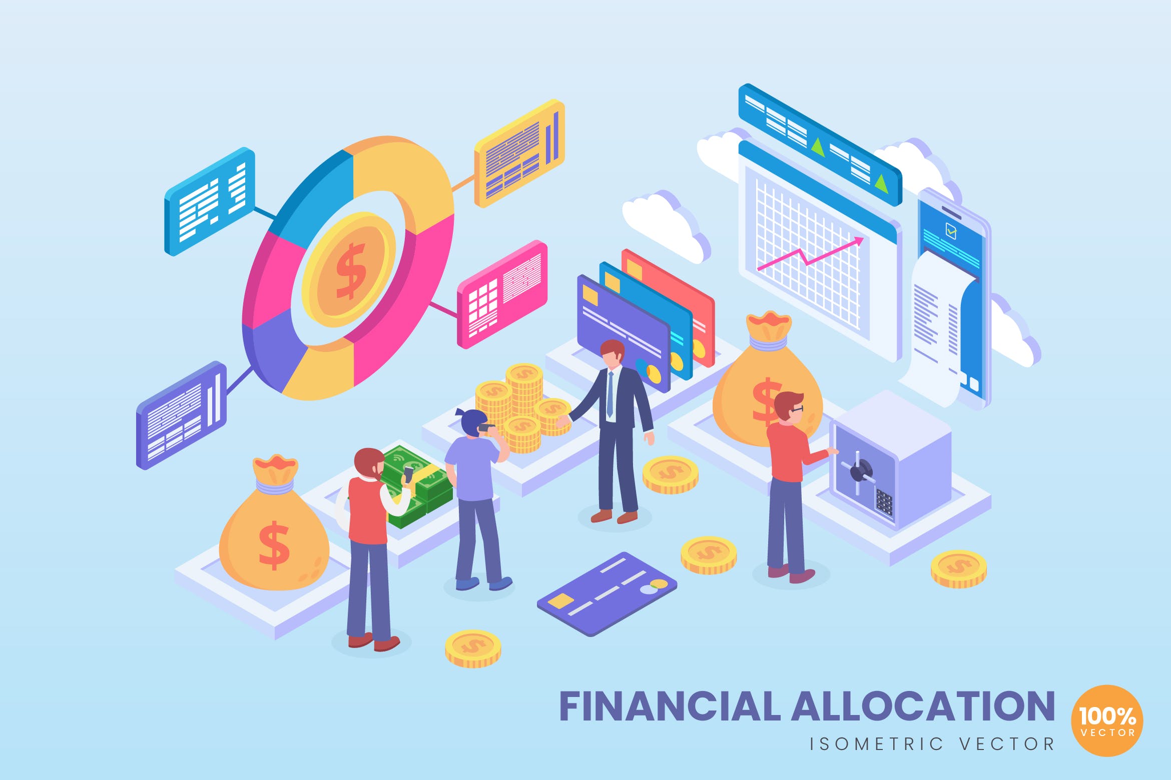 财产分配金融服务场景2.5D等距概念矢量插画 Isometric Financial Allocation Vector Concept插图