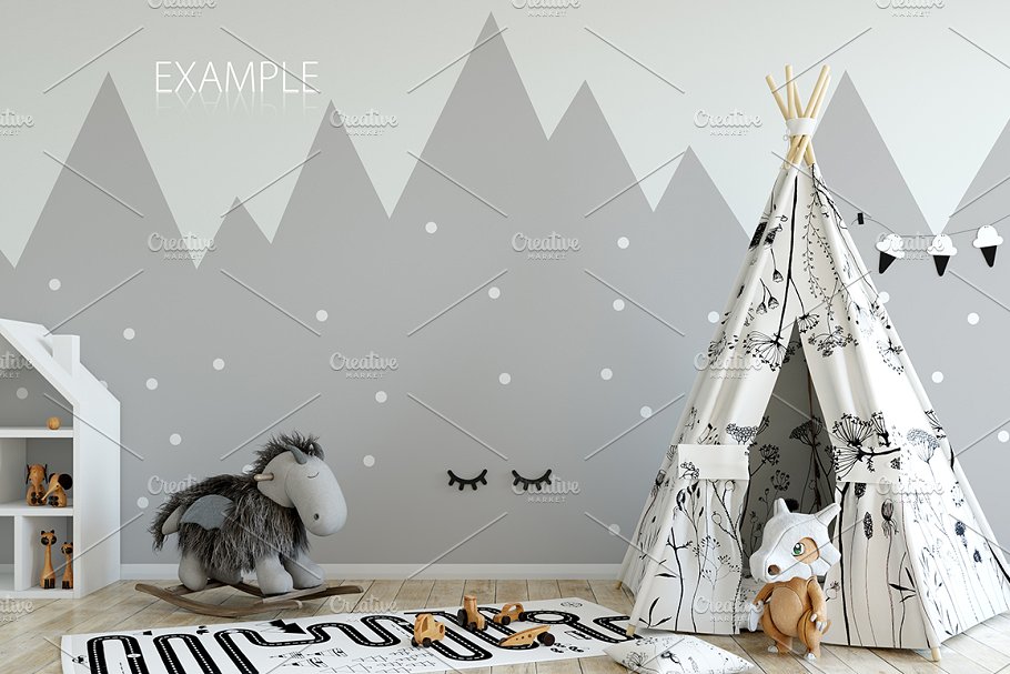 儿童主题卧室墙纸设计&相框样机 Interior KIDS WALL & FRAMES Mockup 2插图(27)