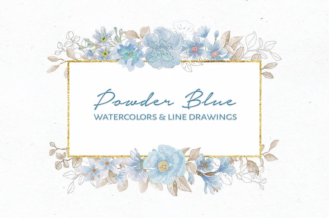 粉蓝色水彩手绘花卉剪贴画PNG素材库精选设计素材 Powder Blue Watercolor Design Collection插图(8)
