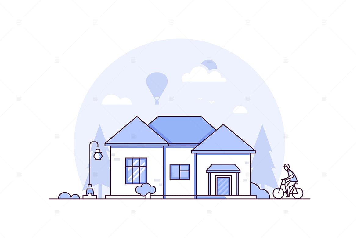 农场景观主题线条设计风格矢量插画素材库精选 Farm landscape – line design style illustration插图