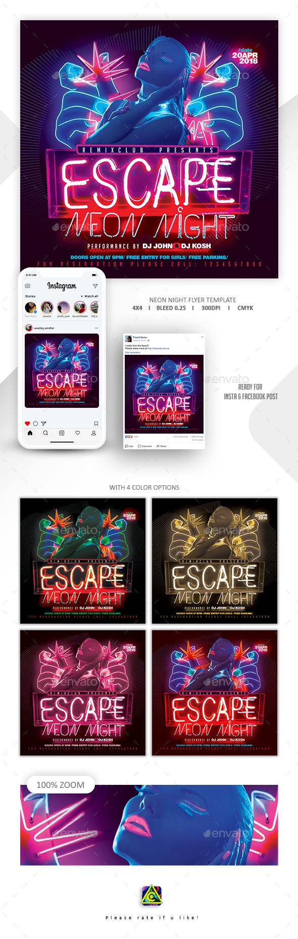 霓虹灯广告牌效果的海报模板 Neon Flyer Template [psd]插图