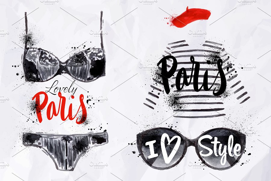 时尚巴黎水彩插画矢量图形 Paris Set插图(1)