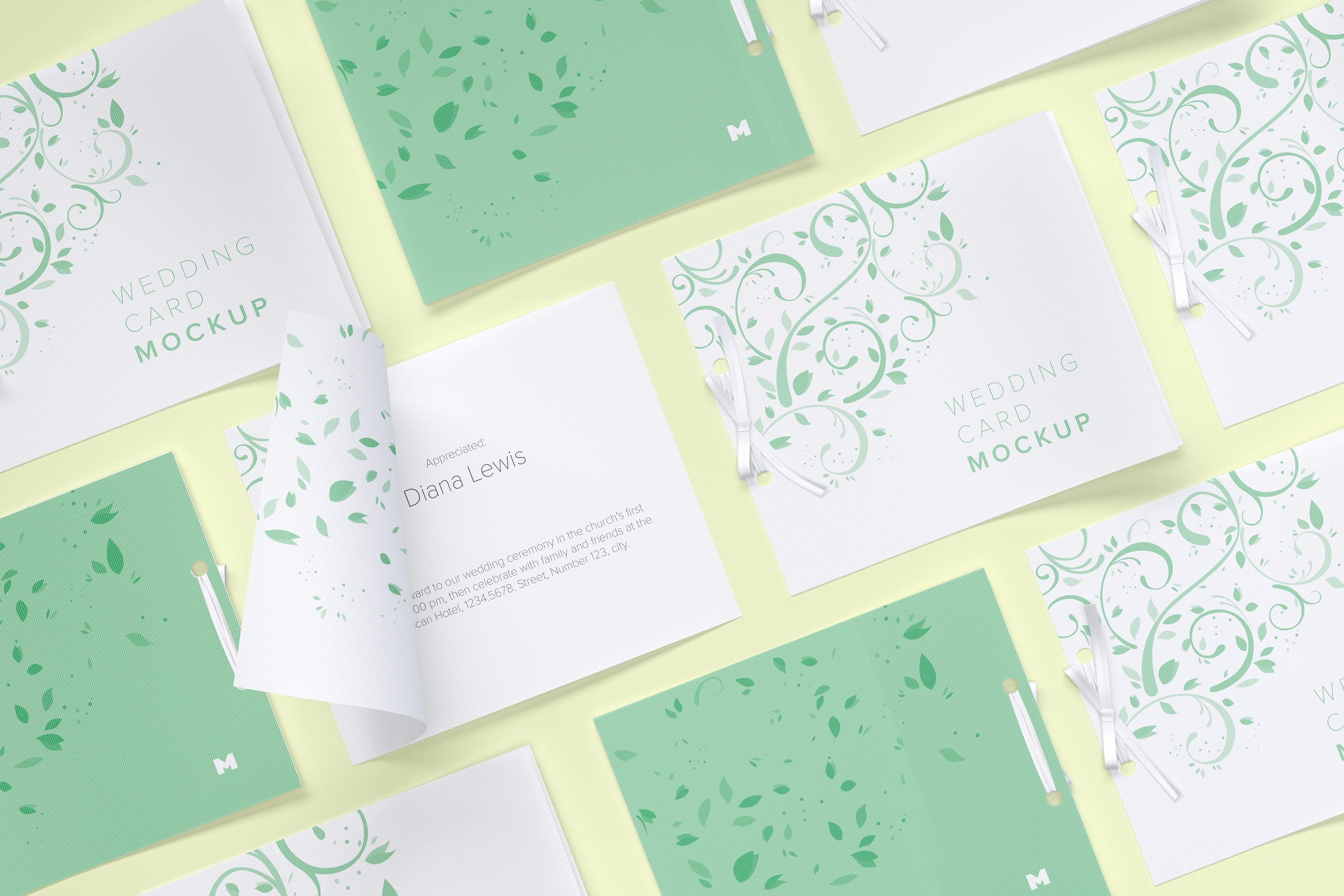 婚礼邀请函/贺卡设计效果网格布局样机 Wedding Cards Mockup, Grid Layout插图(3)