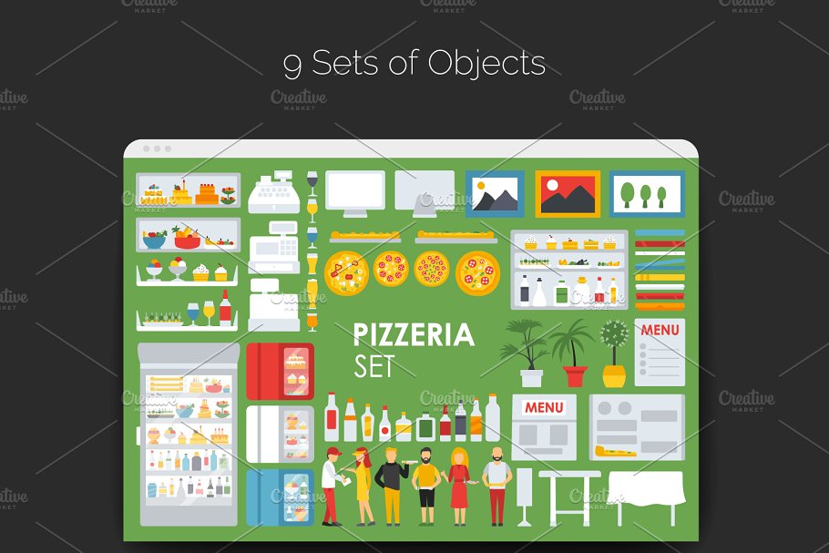 披萨主题场景扁平风格设计元素合集 Pizzeria Flat Collection插图(2)