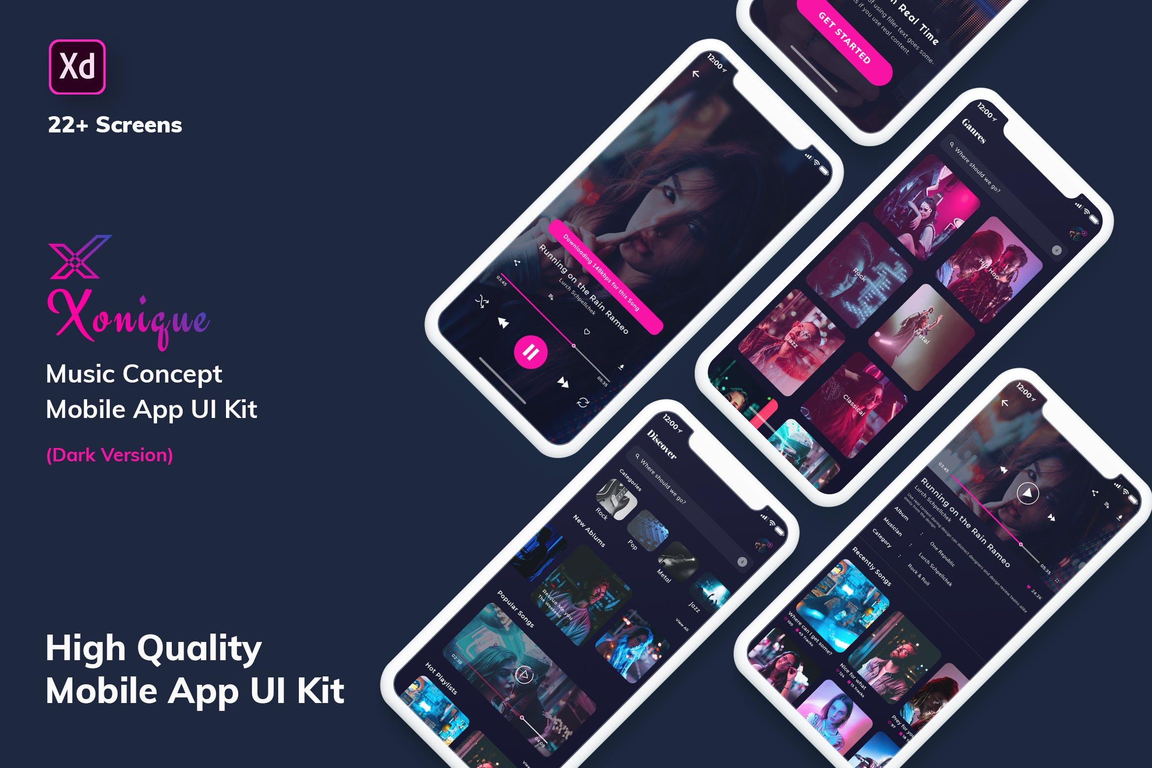 在线音乐播放听歌APP应用UI设计XD模板[夜间模式版本] Xonique-Music MobileApp UI Kit Dark Version (XD)插图