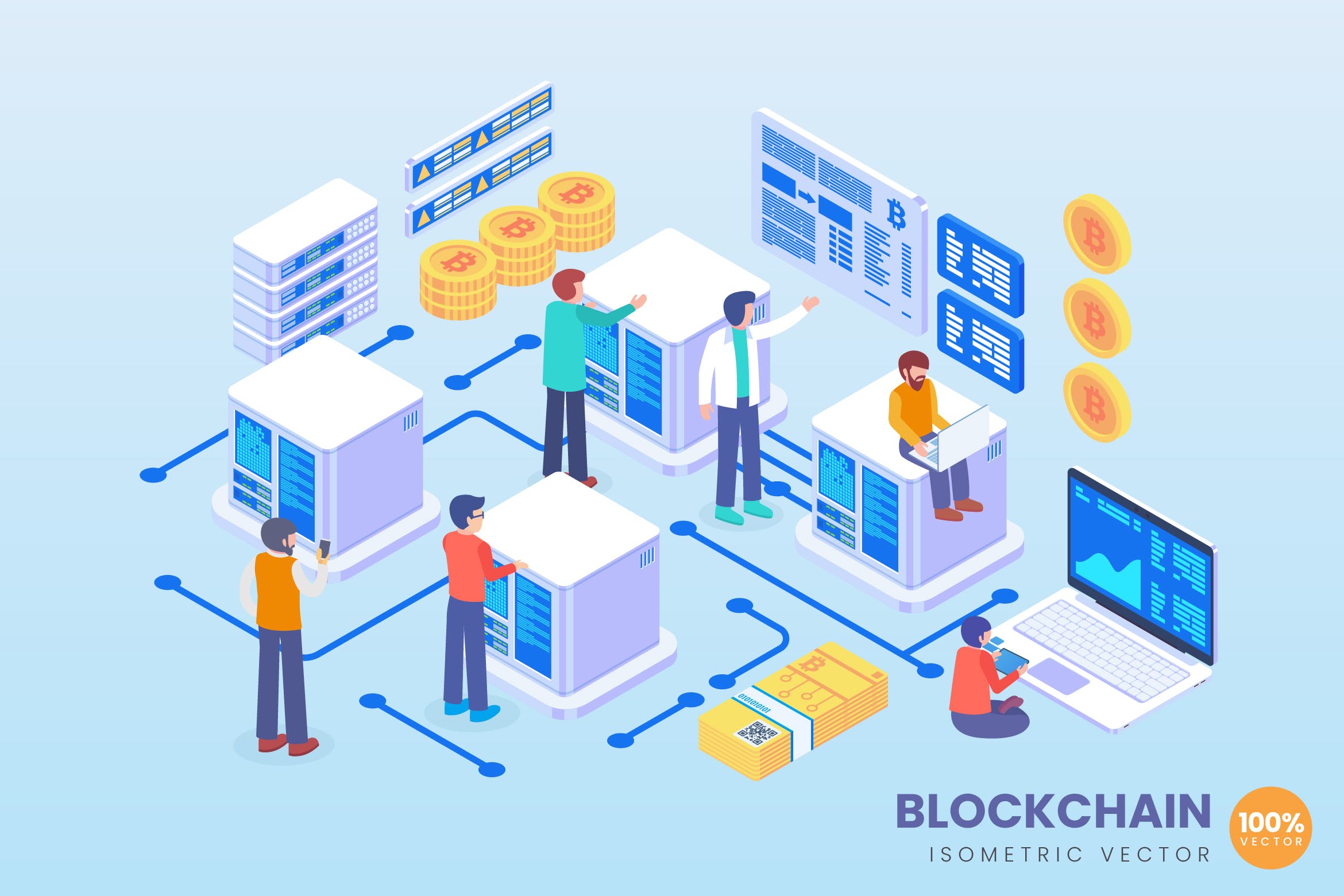 区块链技术主题等距矢量素材库精选概念插画素材 Isometric Blockchain Technology Vector Concept插图