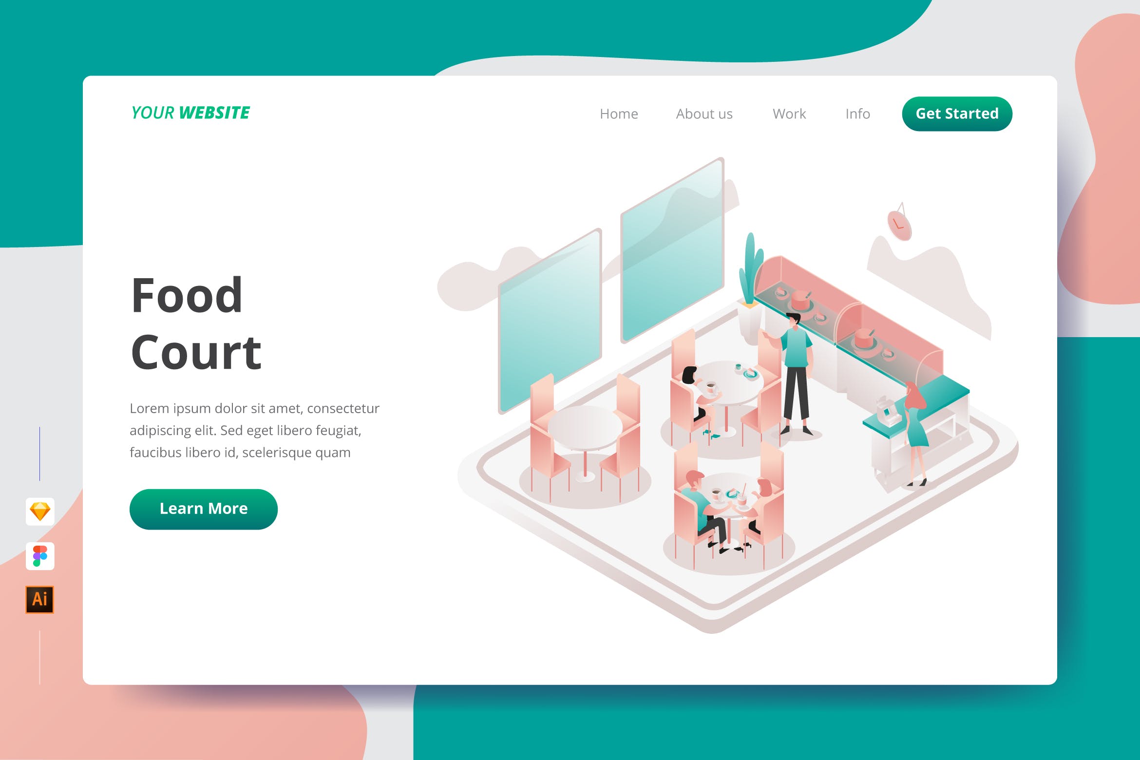 美食广场矢量插画网站着陆页设计素材库精选模板 Food Court – Landing Page插图