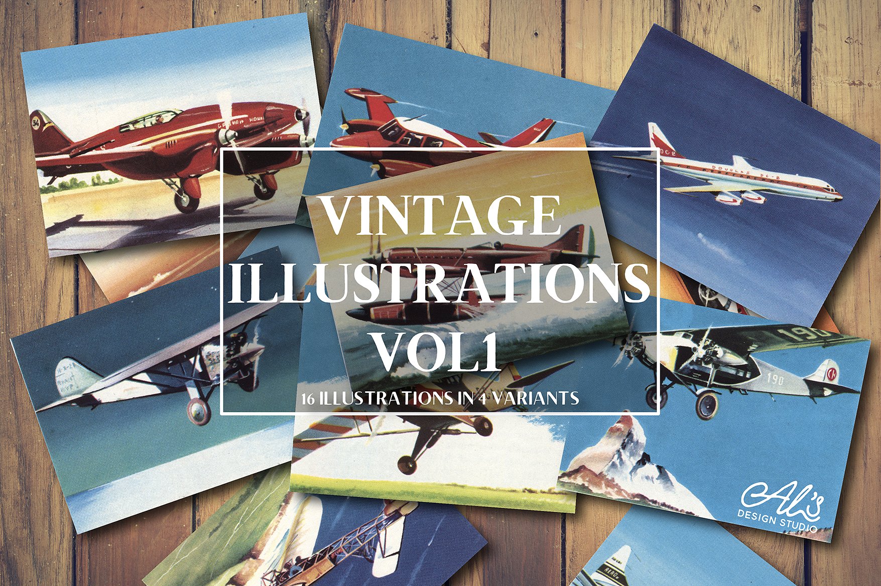 一套16架珍贵的老式飞机插图插图