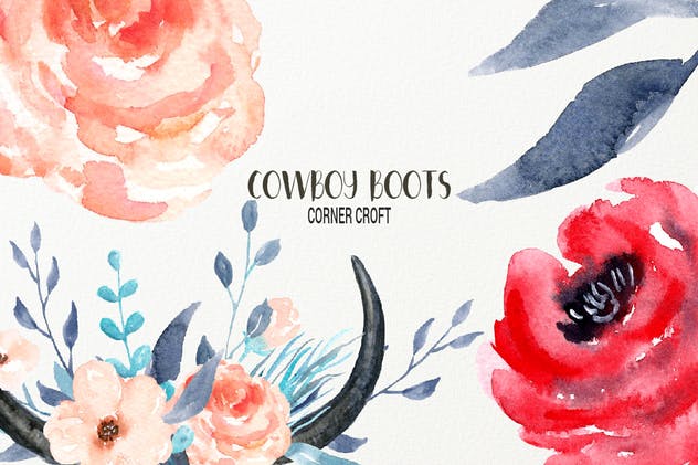 西部牛仔文化靴子&配件水彩插画合集 Watercolor Cowboy Boots And Accessory collection插图(7)