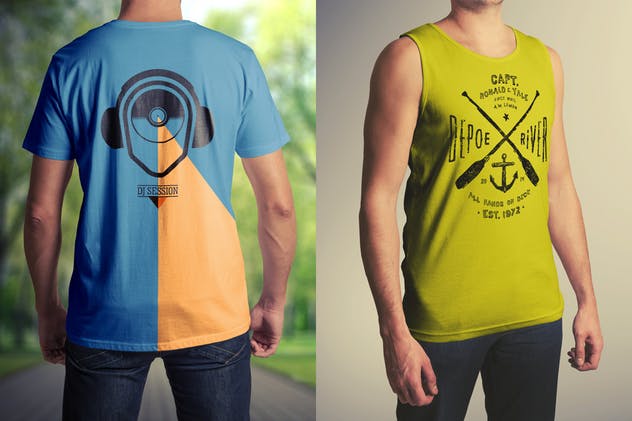 男模特夏季印花T恤服装样机 T-Shirt Mockup Male Model插图(1)