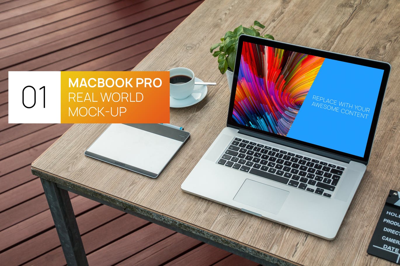 简约实木办公桌场景Macbook Pro笔记本素材库精选样机模板 Wooden desk MacBook Pro Retina Real World Mock-up插图