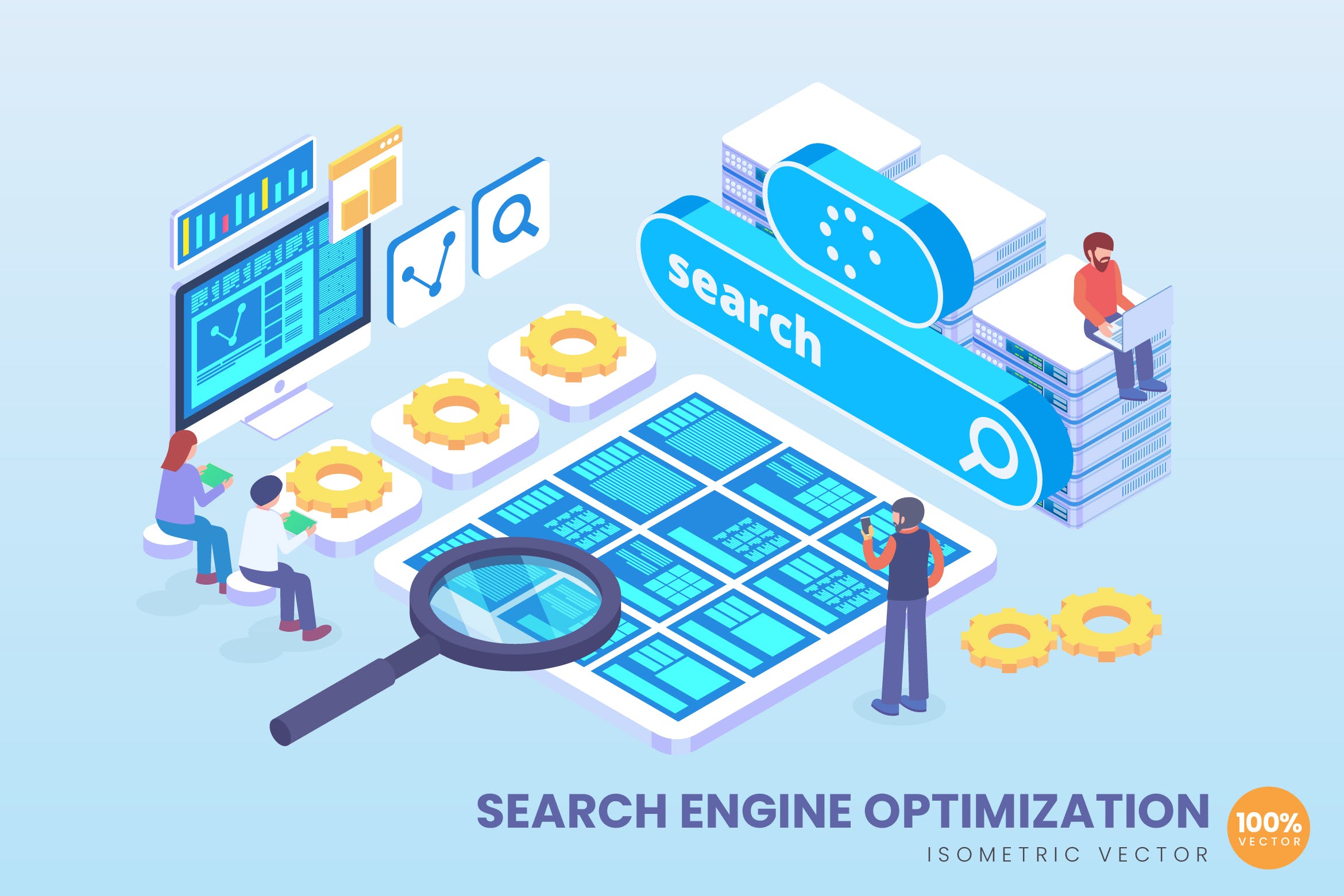 SEO搜索引擎优化技术等距矢量科技素材库精选概念插画v1 Isometric Search Engine SEO Vector Concept插图