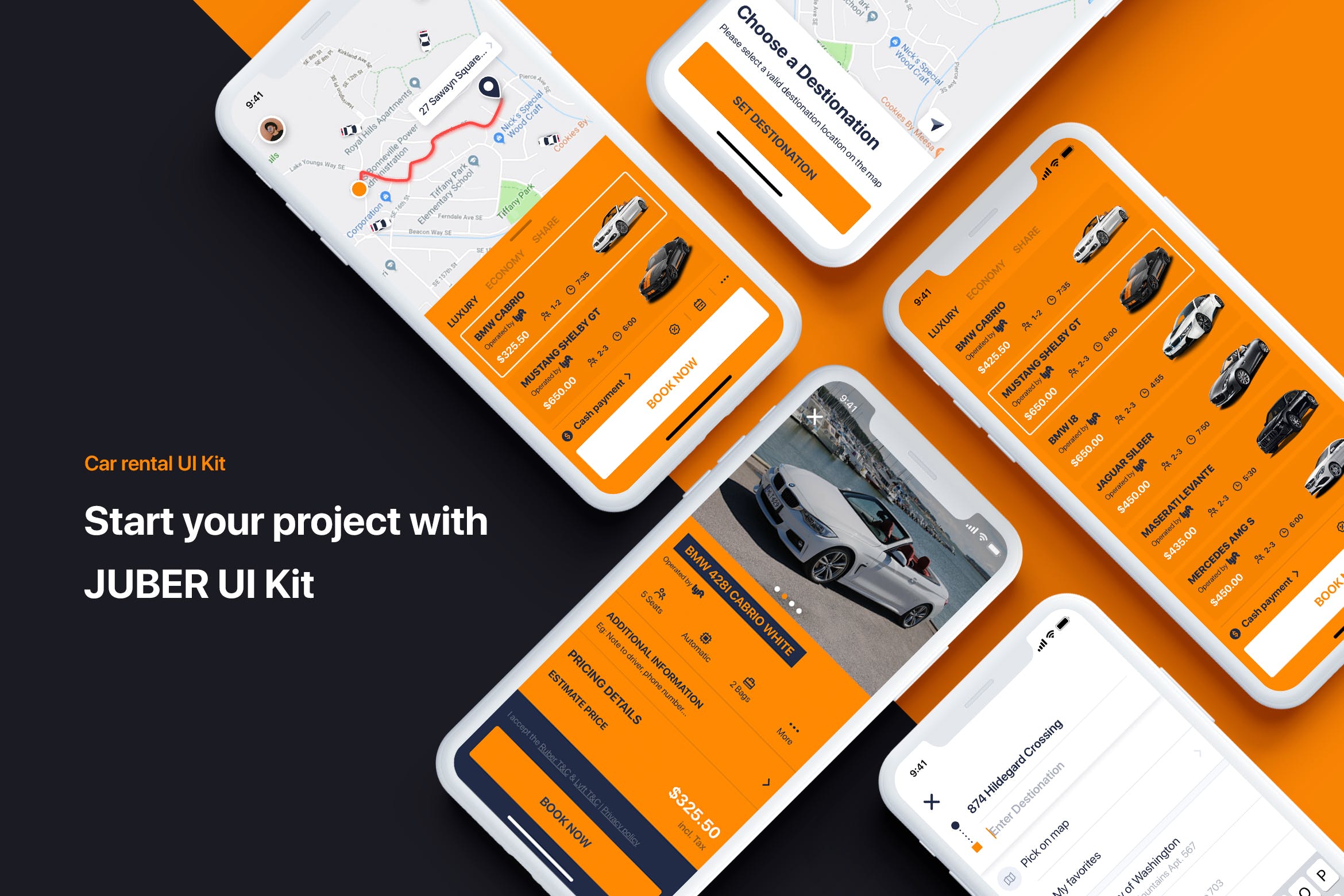 类滴滴打车APP应用网约车界面设计模板 Car rental mobile UI Kit – Booking a car插图