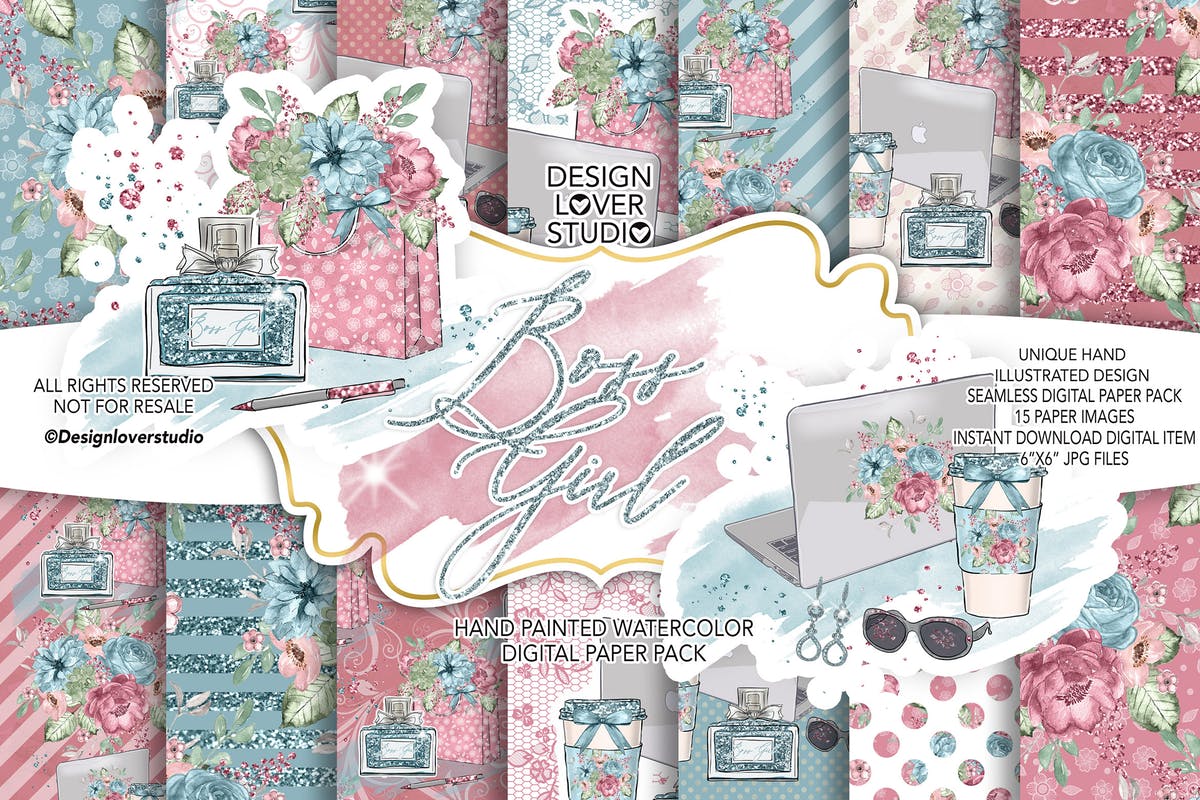 水彩花卉无缝图案设计素材 Boss Girl digital paper pack插图