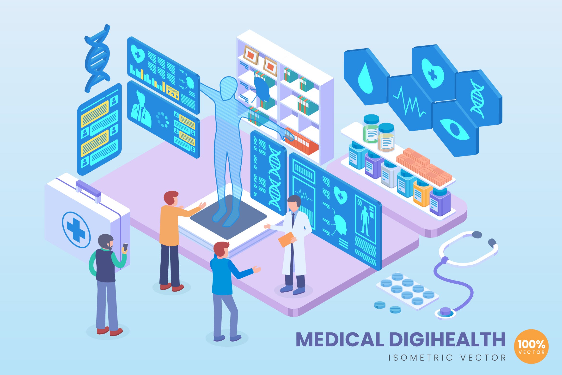 医学数字健康等距矢量科技素材库精选概念插画 Isometric Medical Digihealth Vector Concept插图